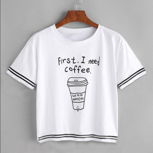 frist i need coffee Letter Print Women T-Shirt Loose Pullover Tops Short Sleeve Casual Short harajuku Shirt