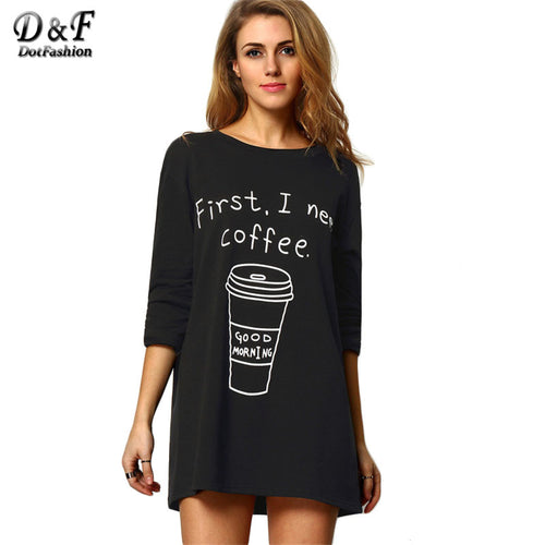 Dotfashion Black Round Neck Long Sleeve Coffee Print Long Tees Women Casual Tops 2017 New Style Loose T-Shirt