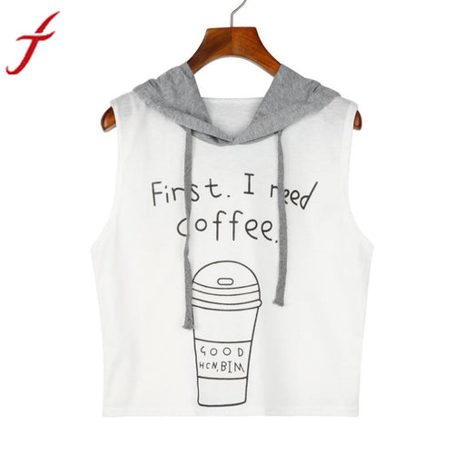 first ineed coffee Letters Printing 2017 Spring Summer Women Fashion Sexy Hooded Crop Sleeveless T-Shirt Tops