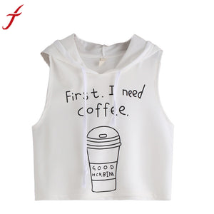 Hot Sale Fashion Women Ladies Sexy Coffee Letters Printing Hooded Crop Sleeveless Tops #LSIN