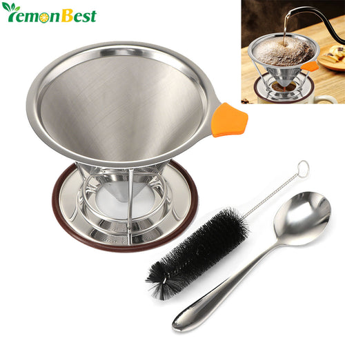 Double-deck Mesh Coffee Filter 304 Stainless Steel Filter with Stand Holder/Spoon/Brush (Fit for 2-4 cups) Coffee Tea Tools